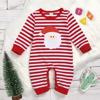 

Baby’s Stripe Santa Print Jumpsuit, Toddler Boy Girl O-neck Long Sleeve Romper, Button Long Trousers