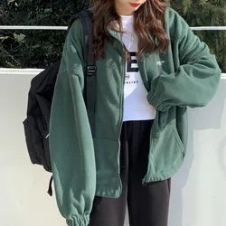 Mulher plus velo hoodies outono streetwear zip up oversize moletom jaqueta na moda bolso sólido turn down colarinho feminino outwear
