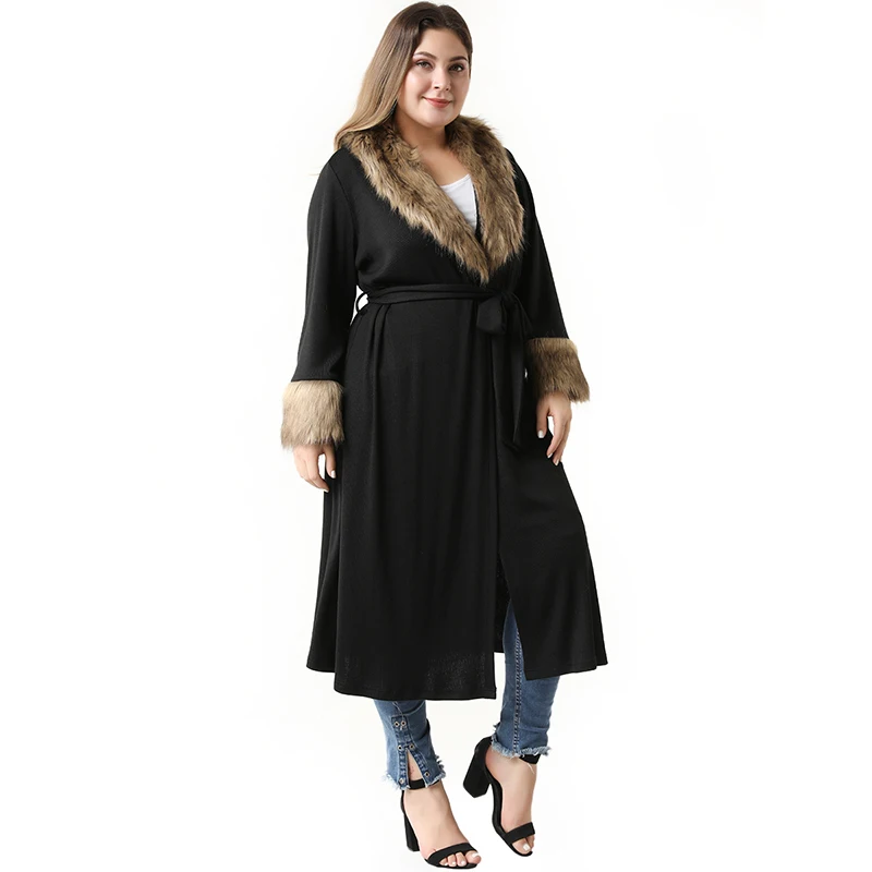 

TOLEEN Fashion Women Plus Size Elegant Fur collar Stitching Hairy Cuff Long Sleeve Sashes Midi Coat dress
