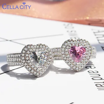 

Cellacity Heart shaped Silver 925 Jewelry Gemstones Ring for Women White Pink AAA Zircon Trendy Sweet Female Engagement Rings