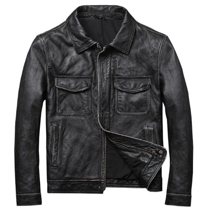 

Men Genuine Vintage Leather Jacket Winter Retro Black 100% Sheepskin Real Genuine Leather Coat Bomber Basic Male Brand Clothes