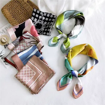 

70*70cm New Women Silk Scarf Print Hijab Shawl Foulard Square Head Stylish Female Femme Hair Tie Band Neck Wear Bandana