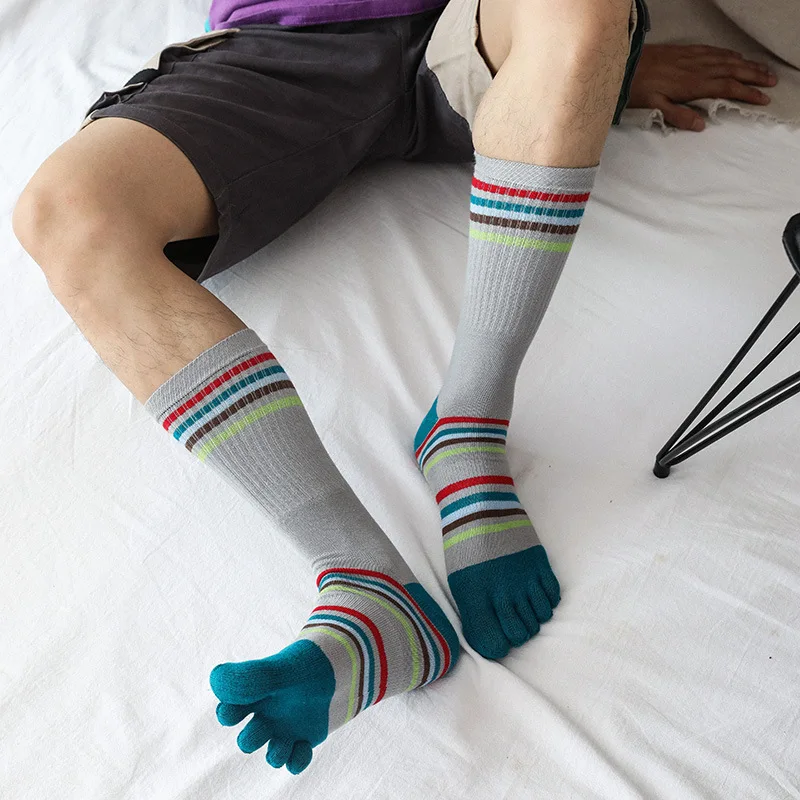 5 Pairs Fashion Long Tube Five Finger Socks Cotton Man Colorful Striped Mid-Calf Business Sport Compression Socks with Toes Gift