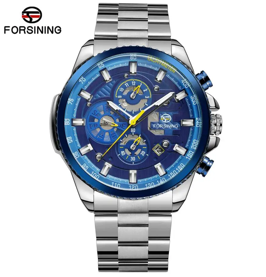 FORSINING роскошные часы автоматические механические часы для мужчин наручные часы Военные синие часы для мужчин s Скелет водонепроницаемый - Цвет: silver blue