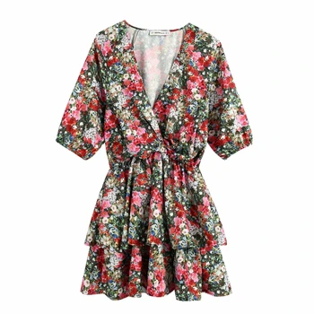 

New 2020 Women Vintage V Neck Flower Print Cascading Ruffles Mini Dress Ladies Elastic Waist Vestidos Chic Brand Dresses