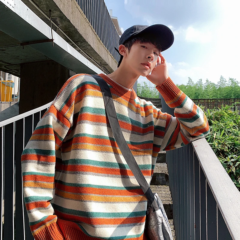 Winter Striped Sweater Men Warm Fashion Contrast Color Casual Knit Sweaters Man Sweter Clothes Loose Long-sleeved Pullover Men