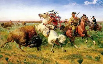 

6 Hand Painted Art Paintings by College Teachers - louis maurer the great royal buffalo hunt American western - Oil on Canvas