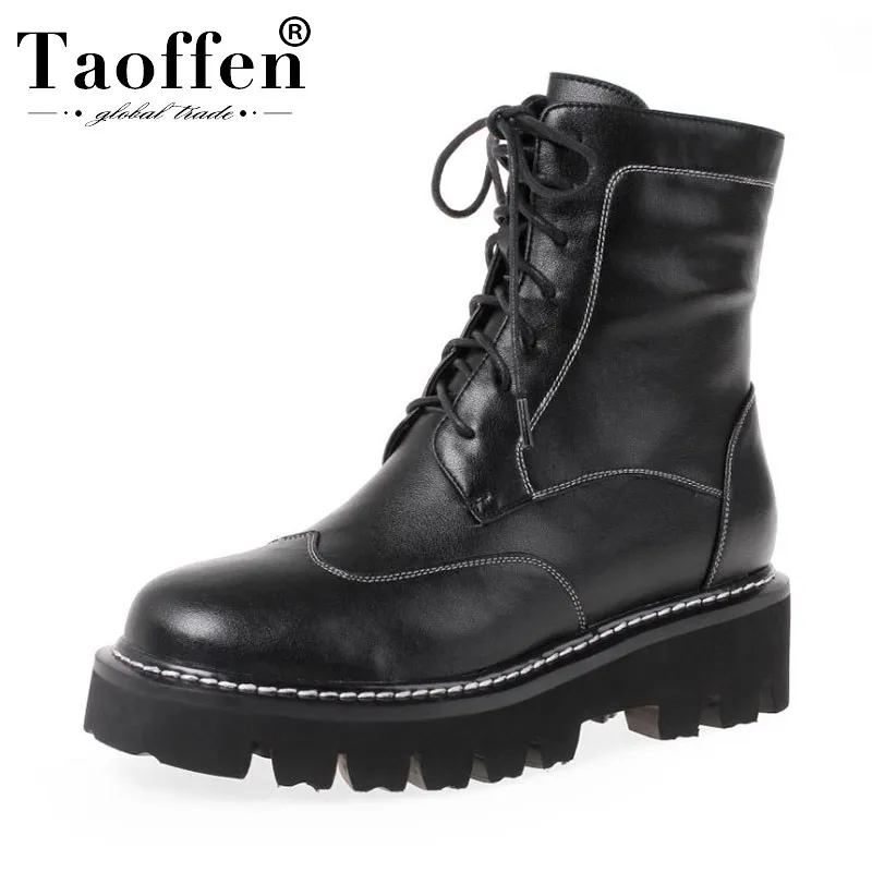 Taoffen/ г. Женские ботильоны из натуральной кожи Зимняя обувь черного и белого цвета с перекрестными ремешками женские модные ботинки с круглым носком, размер 34-40