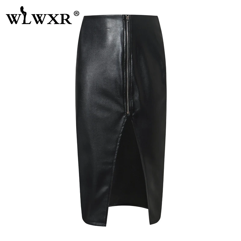 WLWXR Split Bodycon Sexy Club Skirts Womens Black Wrap Midi Faux Pu Leather Skirt Female Elegant Autumn Pencil Ladies Skirt