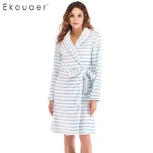 Ekouaer женские зимние банные халаты, одежда для сна, отложной воротник, пеньюар с длинными рукавами, полосатый пояс, халат, женский халат