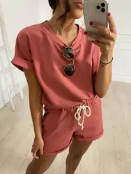 Verão conjuntos de algodão feminino casual duas peças manga curta t camisas e calças curtas de cintura alta sólido outfits treino