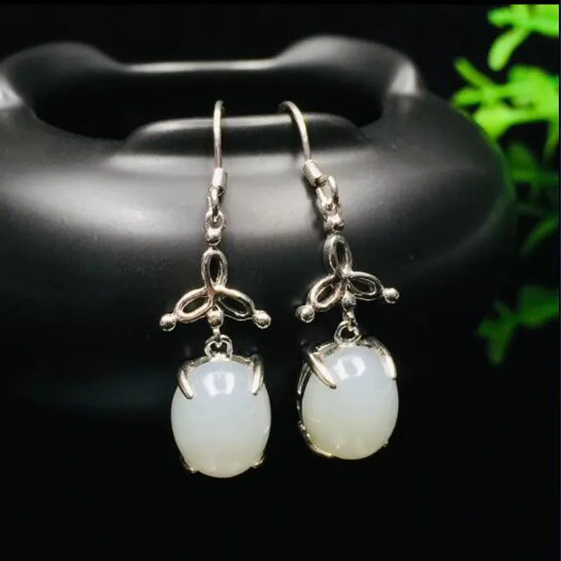 Natural Hetian White Jade Design Earrings 925 Silver For Women Fine Jewelry Charm Gift | Украшения и аксессуары