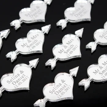 

60Pcs Personalized Engraved Mr & Mrs Gold Silver Mirror Heart Decorations Anniversary Table Centerpieces Party Ornament Favors
