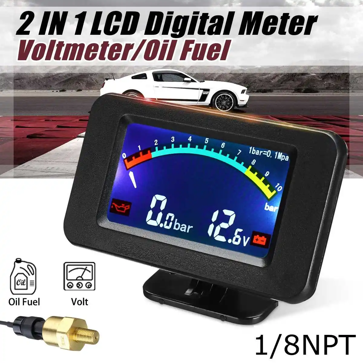 

Hot New 2 In 1 LCD Car Digital Gauge 12-24V Voltmeter Oil Fuel Gauges Meter 1/8 NPT Auto Replacement Parts