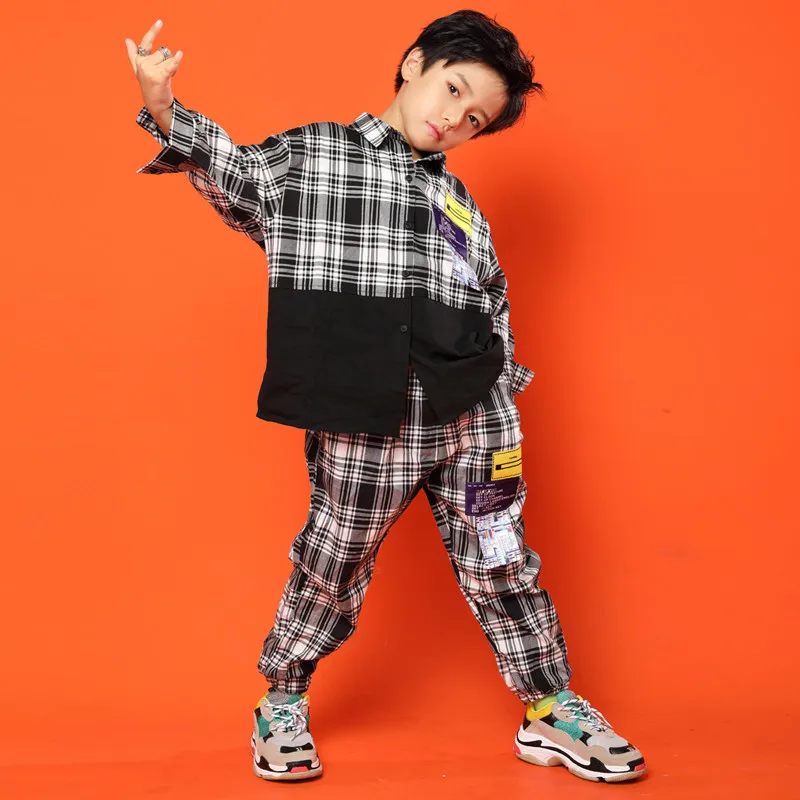 Рубашка в клетку с длинными рукавами в Корейском стиле; комплект со штанами; Детские костюмы для джазовых танцев; детская одежда для уличных танцев; одежда в стиле хип-хоп для мальчиков и девочек