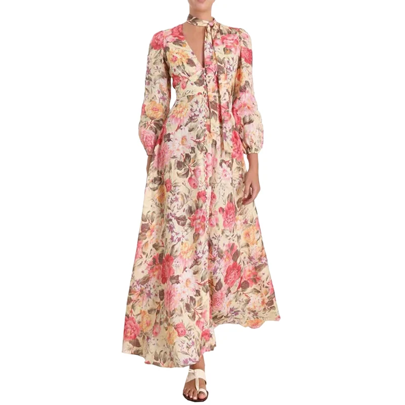 

new arrival 2019 fall clothes red / blue floral deep v neck buttons closure long sleeve floor length elegant long shirt dress