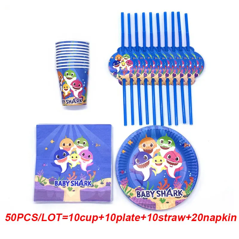 BeiPanXiZhi-50PCS 100 шт голубая акула тема на день рождения баннеры для дня рождения на день рождения, мероприятие, вечеринка, бумажный стаканчик, тарелка, набор одноразовой посуды - Цвет: BeiPanXiZhi-50PCS
