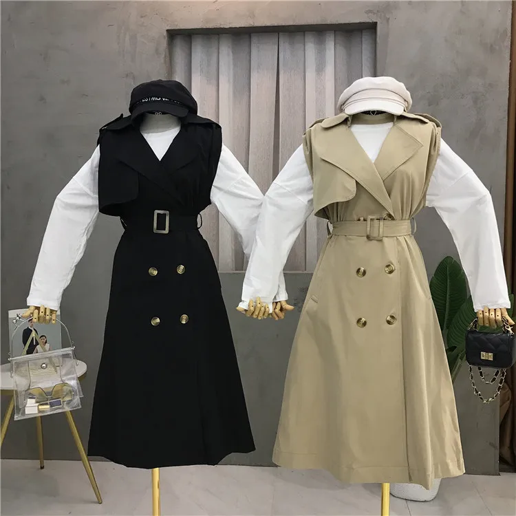 Windbreaker female long section early autumn popular new fashion sleeveless waist tie thin coat