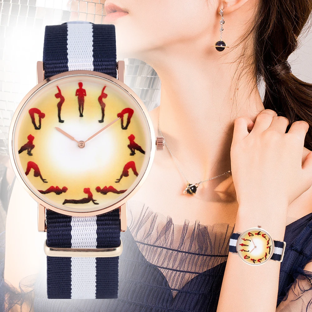 

Charming Women Practicing Yoga Scale Pattern Dial Watches for Ladies Fashion Quartz Analog Nylon Strap Wristwatch for Girls