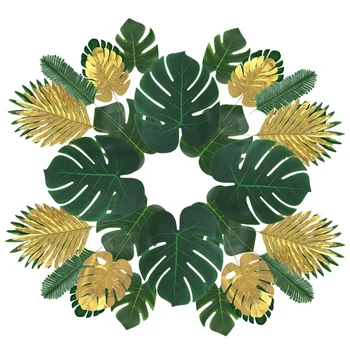 

Fashion-60 Pcs Artificial Tropical Palm Leaves Faux Monstera Leaves with Stems 9 Kinds Simulation Tropical Plant Hawaiian Luau P