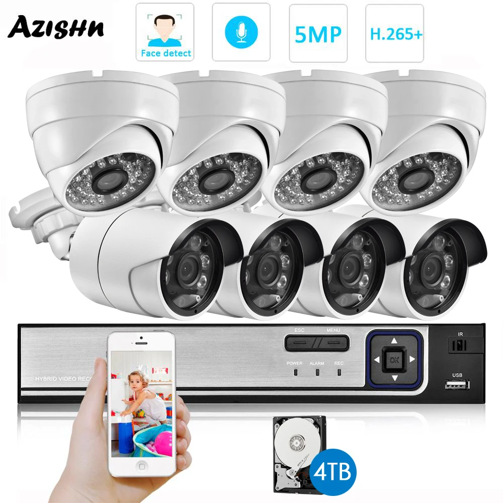 AZISHN распознавание лица POE 5MP Hi3516EV300 аудио комплект наблюдения водонепроницаемый