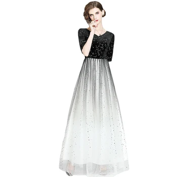 

Elegant Star Sequined Fairy Dress Women Short Sleeve Empire Patchwork Gradient Mesh Maxi Dress Female Vintage Party Dress k6893