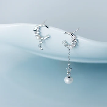 

MODIAN Moon Tassel Stars Pearl Dangle Earring for Women 925 Sterling Silver Shiny Zircon Asymmetry C-Shape Earring Fine Jewelry