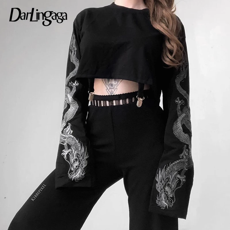 Comprar Darlingaga Streetwear dragón estampado otoño sudaderas de manga larga Pullover negro Crop superior Hoodie moda mujer sudadera 2019
