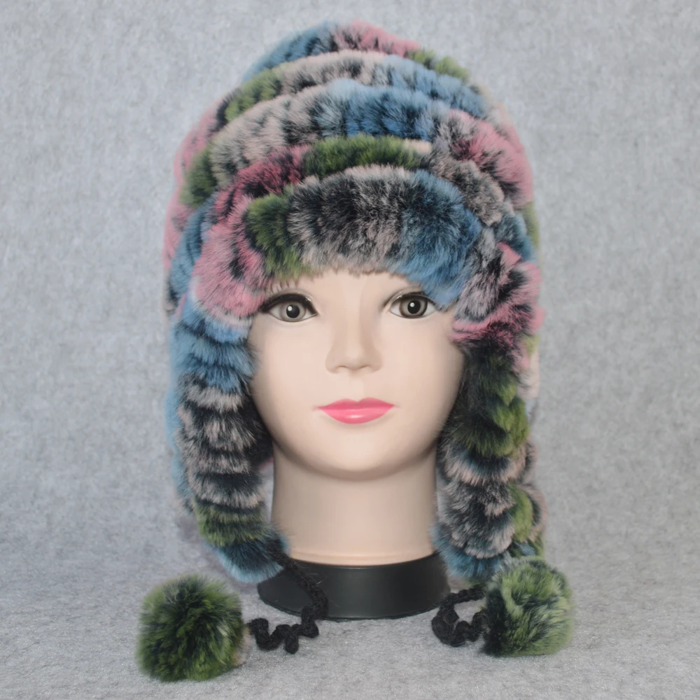 Casual Winter Real Fur Skullies Hat Women Knitted Genuine Rex Rabbit Fur Earmuff Cap Warm Soft Real Rex Rabbit Fur Beanies Hats