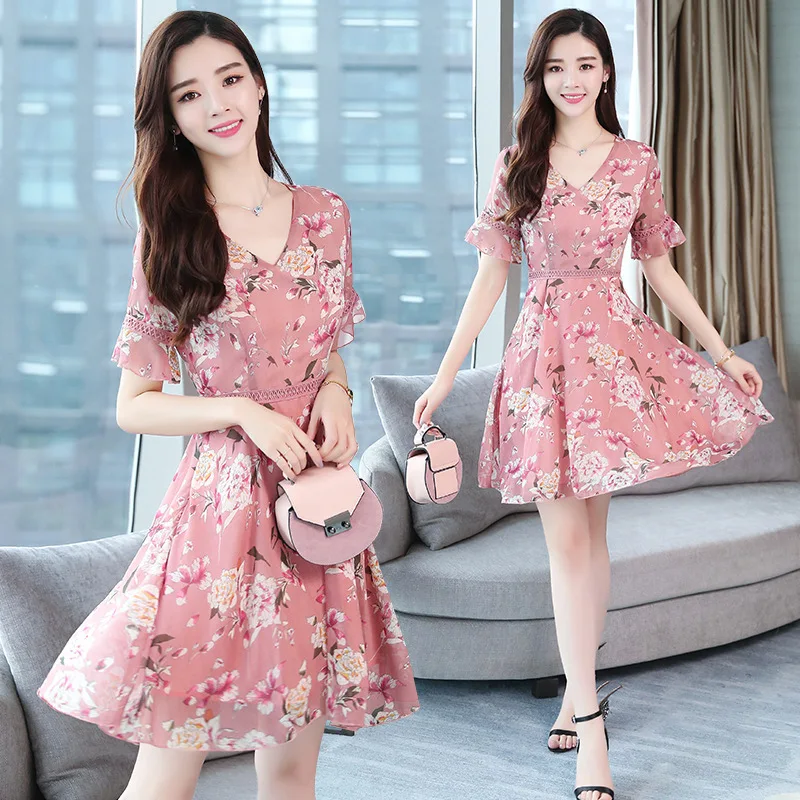 

Dress 2019 Spring New Style Debutante WOMEN'S Dress Waist Hugging Slimming Printed Gas A- line Skirt