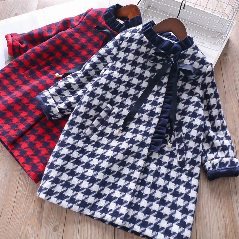 

325615 526 Woolen Overcoat 2-Color Girls Frilled Collar of Ribbon Plaid Padded CHILDREN'S Jacket Wholesale
