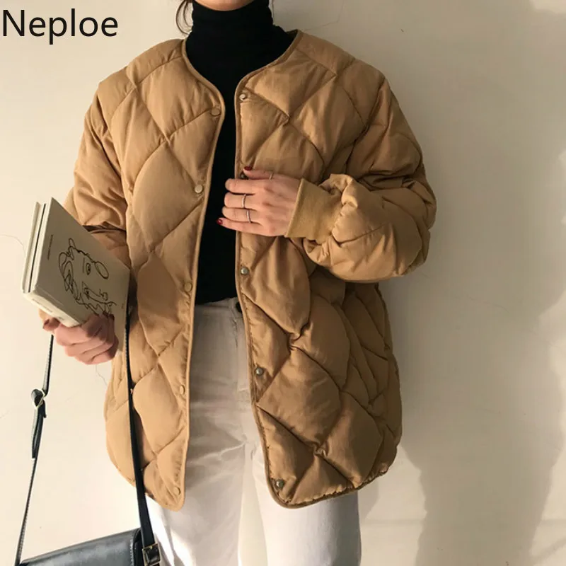 Neploe зимнее женское корейское хлопковое пальто для бриллиантов с О-образным вырезом, теплая короткая куртка, простая Ретро прямая парка на пуговицах