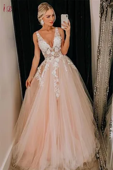 

Princess Long Tulle Lace Prom Dress A-Line V-Neck Evening Gowm Formal Party Dresses For Women Bride with Beads and Applique 2020