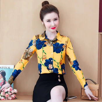 

COIGARSAM Vintage Full Sleeve Shirt Womens tops New Spring Print Chiffon Women shirts Pink Yellow 0210