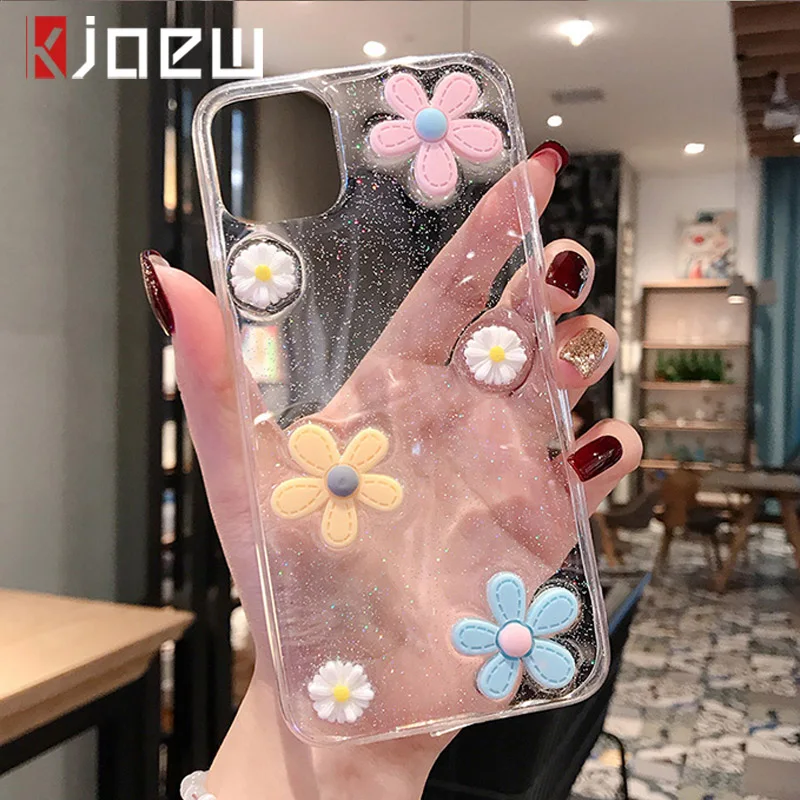 KJOEW 3D Daisy Flower Clear Phone Case For iPhone 11 Pro XS Max XR X 6 6s 7 8 Plus Epoxy Glitter Transparent Soft TPU Back |