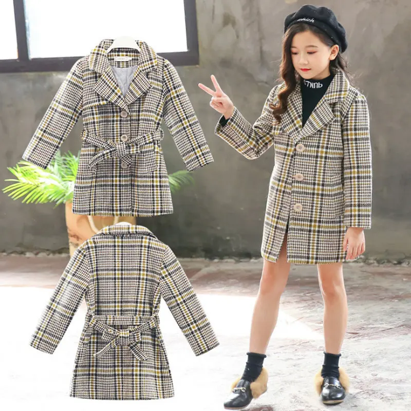 Детское пальто для девочек; шерстяное платье в клетку для девочек; пальто для девочек-подростков; Осенняя плотная Длинная Верхняя одежда; ветрозащитная одежда для детей 13 лет