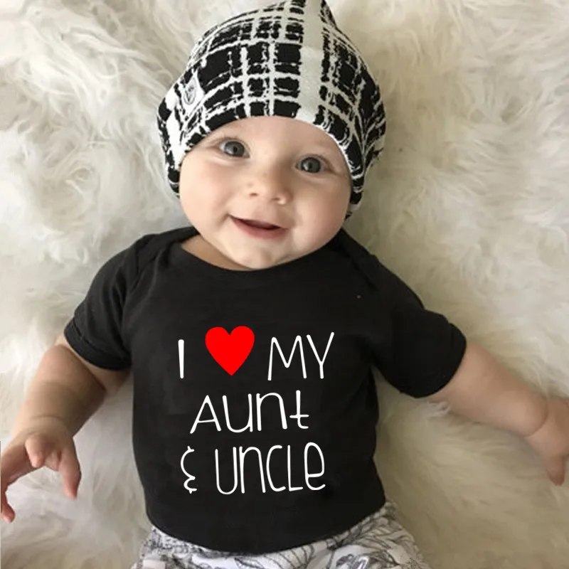 Забавная Одежда для новорожденных с надписью «Я люблю мою тетю» и «дядюшку», хлопковый белый короткий рукав для малышей, боди, комбинезон для детей 0-18 месяцев - Цвет: Черный