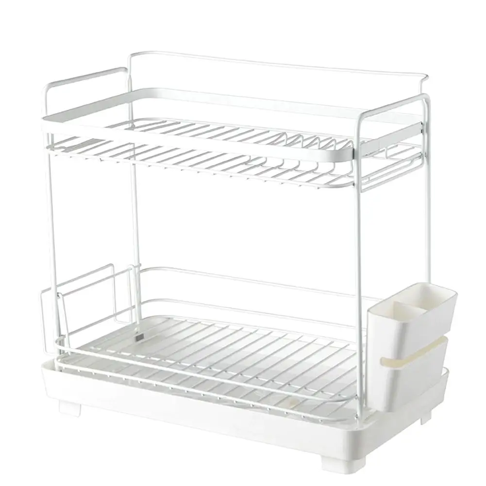 Double Layer Multi-function Water Drain Rack Kitchen Dishware Dish Rack Storage Drying Rack With Anti-rust Frame Cutlery Holder