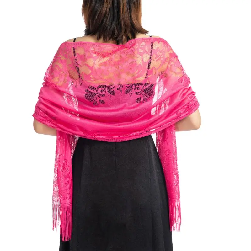 185x63 см, женский шарф 1920 s, Ажурные вязаные крючком цветочные кружева, бахрома, кисточки, свадебная накидка, вечерняя винтажная шаль - Цвет: hot pink