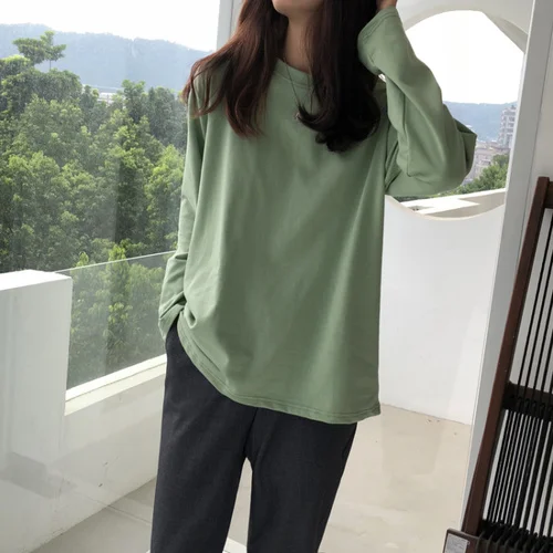 Harajuku Осенние футболки, Женская Корейская одежда, одноцветная свободная универсальная простая футболка для отдыха, студенческие Топы с длинным рукавом и круглым вырезом - Цвет: MaY 3352 bohelv
