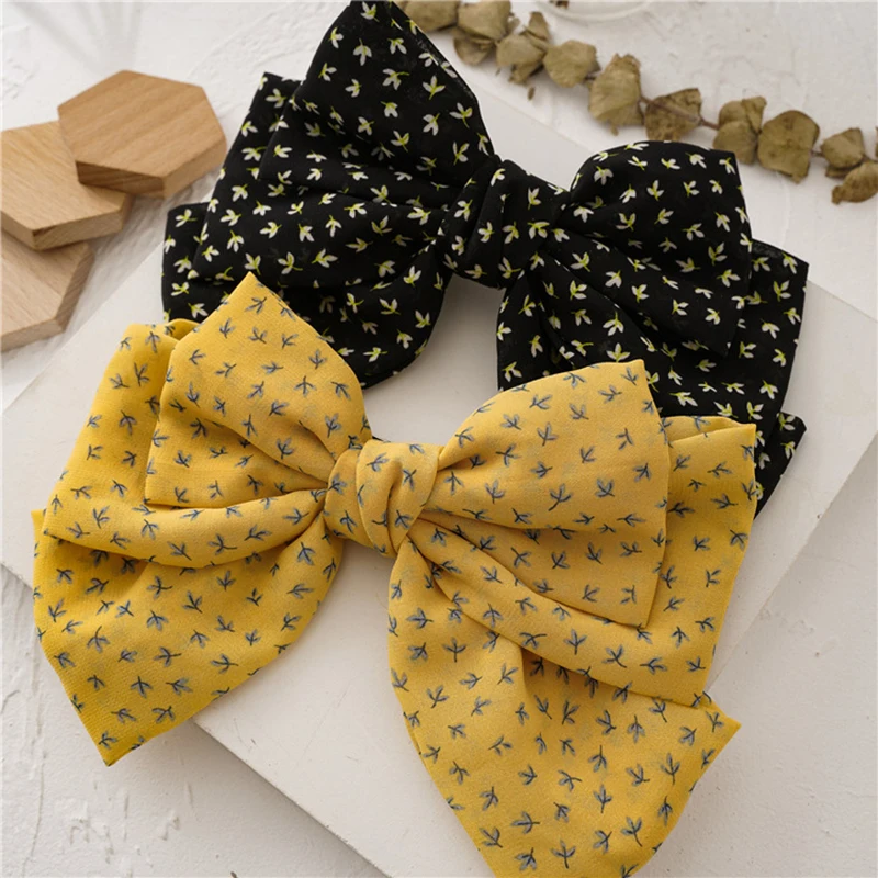 

Bows Chiffon Hairpins Three Layers Metal Spring Clip Oversized Barrettes Hair Clip Hair Accessories Small Tree Leaves Printed