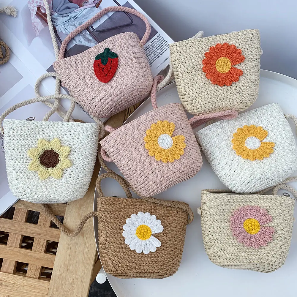 Minibolso bandolera de paja de verano para niñas, monedero bordado con margaritas y flores para niños, Bolso pequeño bonito de hombro para bebés y niños, monedero