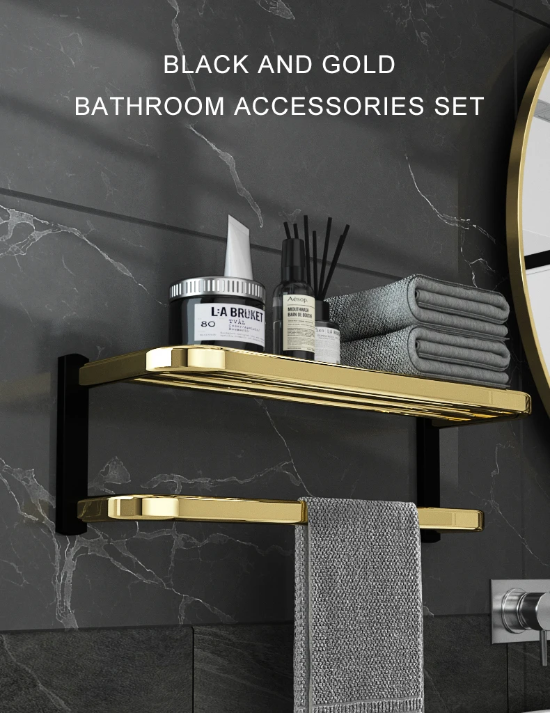 Description Picture 6 of itemELLEN Bathroom Hardware Set Black Gold Towel Shelf Robe Hooks Toilet Brush Holder Soap Basket Tumble Holder EL2001BG