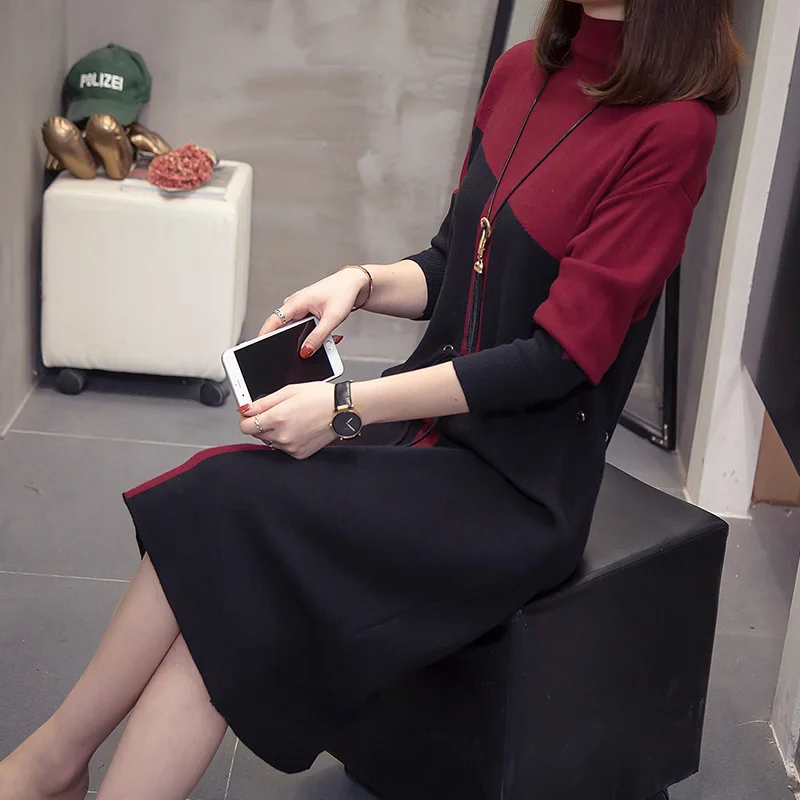 Burgundy XL-4XL размера плюс, женское платье-свитер с высоким воротом, зима, модное платье с длинным рукавом в стиле пэчворк, цветные женские вязаные платья миди - Цвет: Burgundy