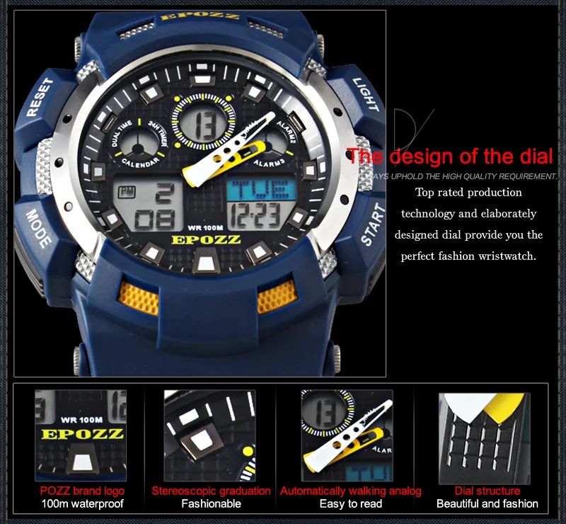 EPOZZ 100 м водонепроницаемые спортивные часы ударостойкие цифровые аналоговые Мужские часы для синхронизации relogio masculino Лидирующий бренд для улицы