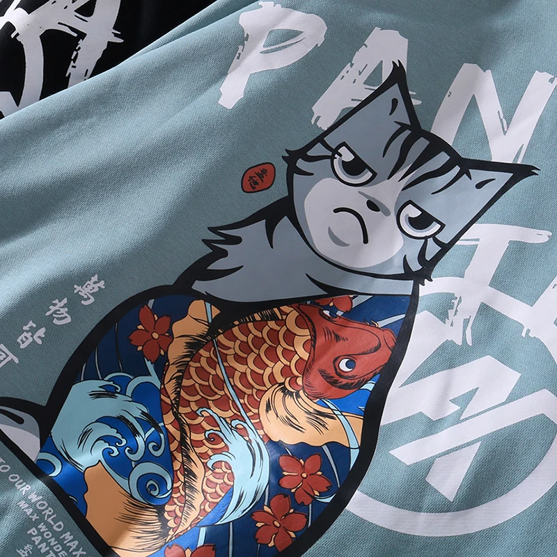 Harajuku Ukiyoe Толстовка Мужская хип-хоп забавные толстовки с принтом кота Мужская зимняя Японская уличная одежда теплая Повседневная Черная мужская Толстовка