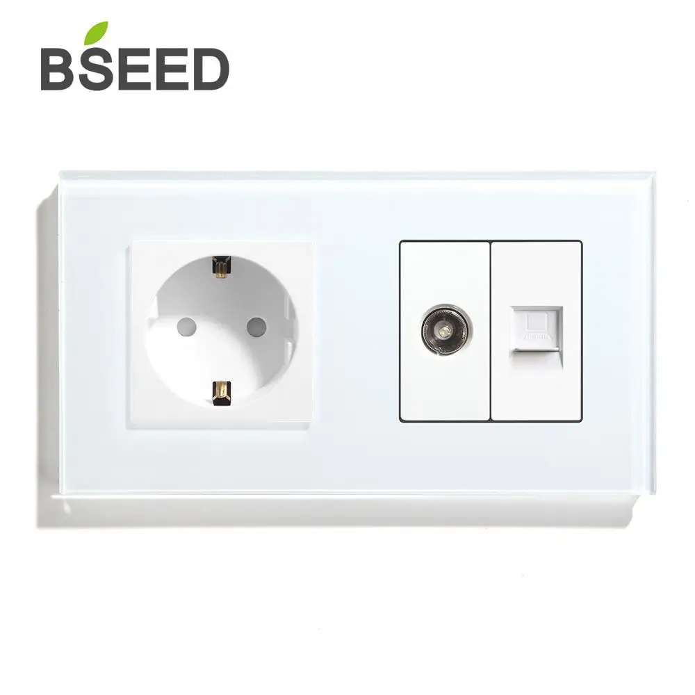 BSEED настенная розетка стандарта ЕС с ТВ ПК Розетка кристальная стеклянная панель белый черный золотой стандарт ЕС 157 мм