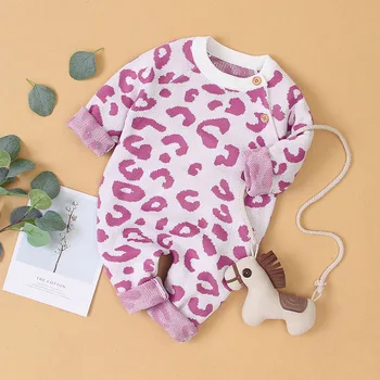 

LZH 2020 Autumn New Baby Knitting Jumpsuit Children's Long-sleeved Leopard Printing Romper Kids Outing Casual Romper 0-3 Years
