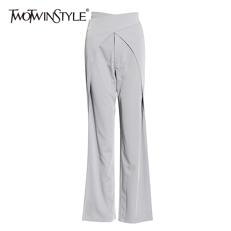 TWOTWINSTYLE Vintage Asymmteircal Women Full Length Pants High Waist Loose Wide Leg Pant For Female Fashion Clothes 2020 Summer TWOTWINSTYLE Vintage Asymmteircal Women Full Length Pants High Waist Loose Wide Leg Pant For Female Fashion Clothes 2020 Summer
