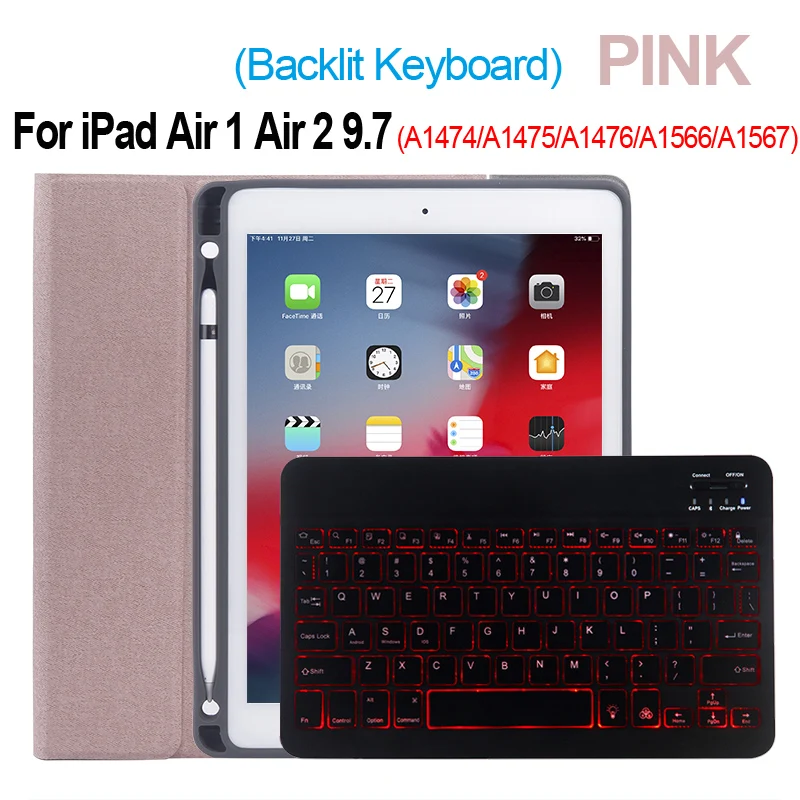 Pink Air 12 SC Верхняя откидная клавиатура с подсветкой для Apple iPad 9,7 5-го 6-го поколения, чехол с Bluetooth клавиатурой для iPad Air 1 Air 2 5 6, чехол - Цвет: Pink Air 12 SC
